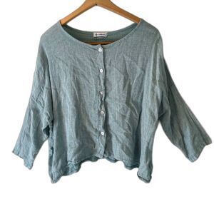 Nina Kendosa Paris Linen Blend Blouse Button Up Light Green 3/4 sleeve *READ*